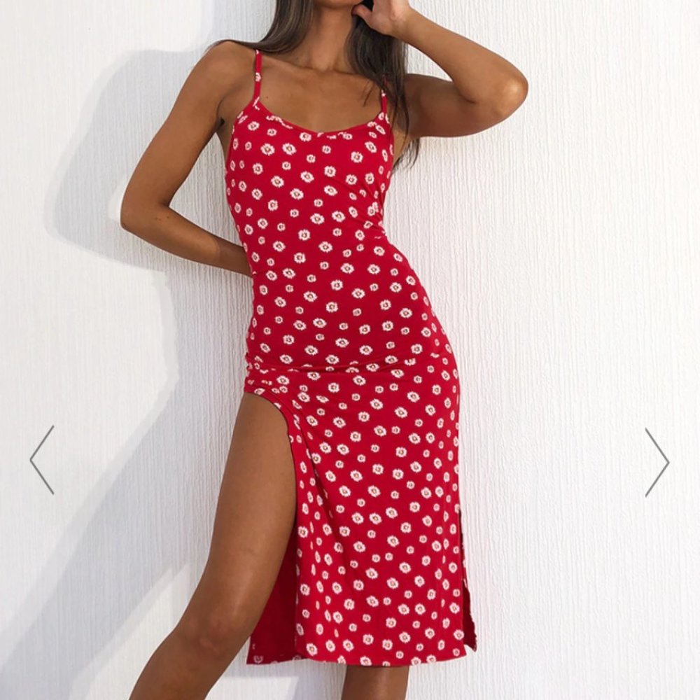 RED FLORAL PRINT JERSEY SPLIT CAMI MIDI DRESS